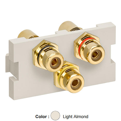 Leviton 41292-3RT, 3-Port RCA Feedthrough Multimedia Outlet System (MOS) Module (Red, Black, Yellow), Light Almond