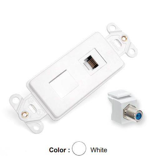 Leviton 41658-W, Decora Telephone and Video Inserts Kit, One 6P6C USOC Jack and One F-Connector Coupler, White