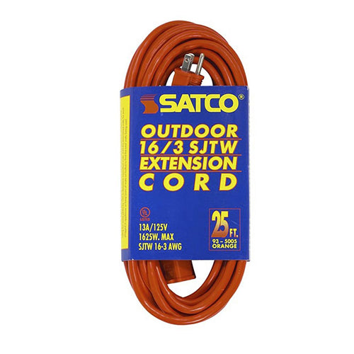 Satco 93-5005, 25 Foot Orange Heavy Duty Outdoor Extension Cord, 125V, 1625W, 13A, 16/3 Gauge SJTW-3 Orange Cord With Sleeve