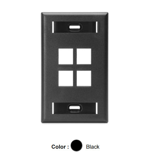 Leviton 42080-4ES, Quickport Single-Gang Wallplate with ID Windows, 4-Port, Black, 2 Packs