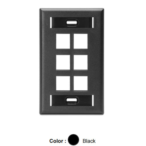 Leviton 42080-6ES, Quickport Single-Gang Wallplate with ID Windows, 6-Port, Black, 2 Packs