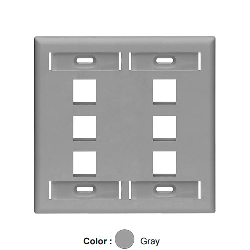Leviton 42080-6GP, Quickport Dual-Gang Wallplate with ID Windows, 6-Port, Gray