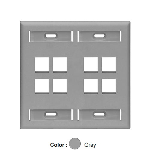 Leviton 42080-8GP, Quickport Dual-Gang Wallplate with ID Windows, 8-Port, Gray