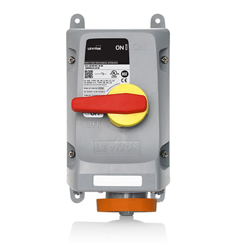 Leviton 430MF12WLEV, LEV Series North American-Rated IEC 60309-1 & 60309-2 Pin & Sleeve Mechanical Interlock, Industrial Grade, 30A 125/250V, 3-Pole, 4-Wire, IP66/IP67/IP68/IP69K, Watertight, Fused, Orange