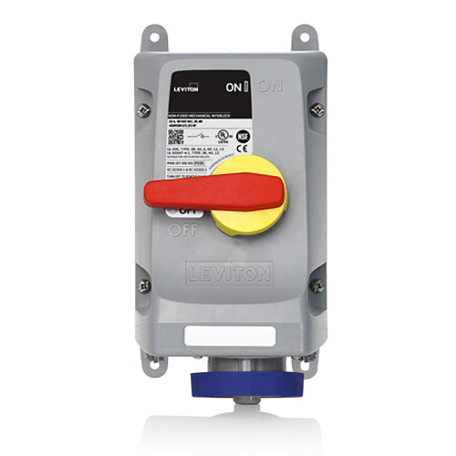 Leviton 430MF9WLEV, LEV Series North American-Rated IEC 60309-1 & 60309-2 Pin & Sleeve Mechanical Interlock, Industrial Grade, 3-Phase, 30A 240V, 3-Pole, 4-Wire, IP66/IP67/IP68/IP69K, Watertight, Fused, Blue