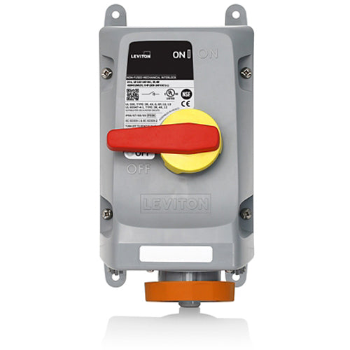 Leviton 430MI12WLEV, LEV Series North American-Rated IEC 60309-1 & 60309-2 Pin & Sleeve Mechanical Interlock, Industrial Grade, 30A 125/250V, 3-Pole, 4-Wire, IP66/IP67/IP68/IP69K, Watertight, Non-Fused, Orange