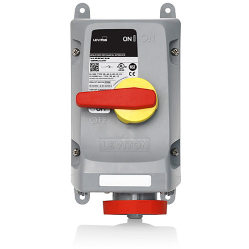 Leviton 530MI7WLEV, LEV Series North American-Rated IEC 60309-1 & 60309-2 Pin & Sleeve Mechanical Interlock, Industrial Grade, 3-Phase, 30A 277/480V, 4-Pole, 5-Wire, IP66/IP67/IP68/IP69K, Watertight, Non-Fused, Red