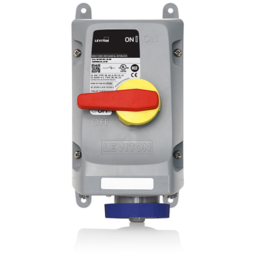 Leviton 530MI9WLEV, LEV Series North American-Rated IEC 60309-1 & 60309-2 Pin & Sleeve Mechanical Interlock, Industrial Grade, 3-Phase, 30A 120/208V, 4-Pole, 5-Wire, IP66/IP67/IP68/IP69K, Watertight, Non-Fused, Blue