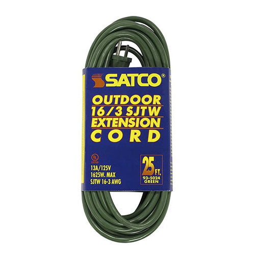 Satco 93-5024, 25 Foot Green Heavy Duty Outdoor Extension Cord, 125V, 1625W, 13A, 16/3 Gauge SJTW-3 Green Cord With Sleeve