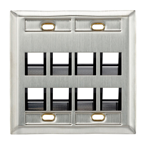 Leviton 43081-2L8, Quickport Angled Stainless Steel Wallplates with ID Windows, Dual-Gang, 8-Port