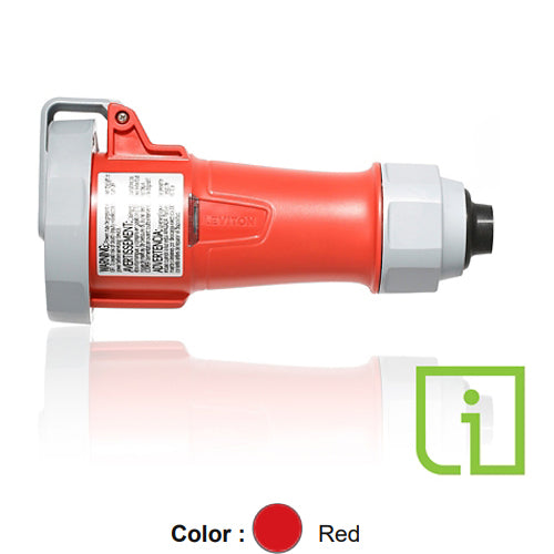 Leviton 430C7WLEVPIA, LEV Series North American-Rated IEC 60309-1 & 60309-2 Pin & Sleeve Connector with Power Indication and Alternate Screwless Clamp, Industrial Grade, 3-Phase, 30A 480V, 3-Pole, 4-Wire, IP66/IP67/IP68/IP69K, Watertight, Red