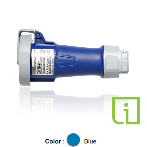 Leviton 430C9WLEVPI, LEV Series North American-Rated IEC 60309-1 & 60309-2 Pin & Sleeve Connector with Power Indication, Industrial Grade, 3-Phase, 30/32A 250V, 3-Pole, 4-Wire, IP66/IP67/IP68/IP69K, Watertight, Blue