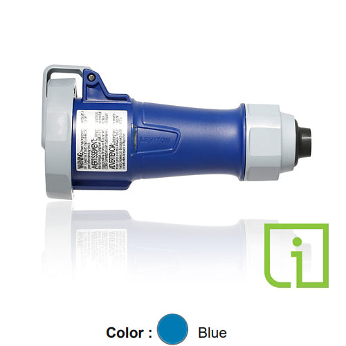 Leviton 430C9WLEVPIA, LEV Series North American-Rated IEC 60309-1 & 60309-2 Pin & Sleeve Connector with Power Indication and Alternate Screwless Clamp, Industrial Grade, 3-Phase, 30/32A 250V, 3-Pole, 4-Wire, IP66/IP67/IP68/IP69K, Watertight, Blue