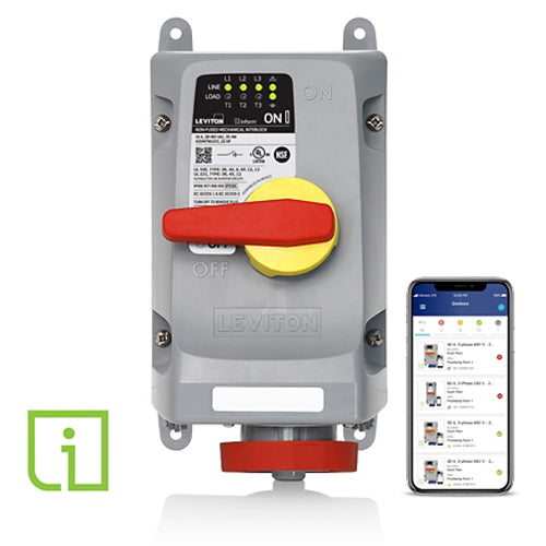 Leviton 430MI7WLEVC, LEV Series North American-Rated IEC Pin & Sleeve Mechanical Interlock with Remote Monitoring via Wi-Fi Communication, Inform Technology, Industrial Grade, 3-Phase, 30A 480V, 3-Pole, 4-Wire, Watertight, Non-Fused, Red