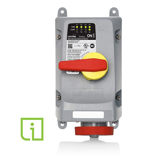 Leviton 430MI7WLEVS, LEV Series North American-Rated IEC Pin & Sleeve Mechanical Interlock with Local Monitoring Sensing, Inform Technology, Industrial Grade, 3-Phase, 30A 480V, 3-Pole, 4-Wire, Watertight, Non-Fused, Red