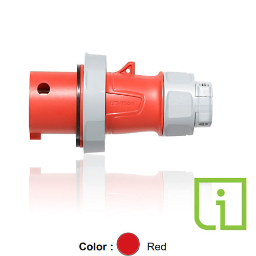 Leviton 430P7WLEVPI, LEV Series North American-Rated IEC 60309-1 & 60309-2 Pin & Sleeve Plug with Power Indication, Industrial Grade, 3-Phase, 30A 480V, 3-Pole, 4-Wire, IP66/IP67/IP68/IP69K, Watertight, Red