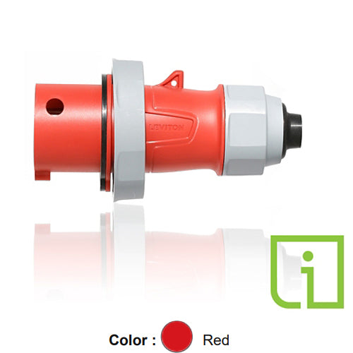 Leviton 430P7WLEVPIA, LEV Series North American-Rated IEC 60309-1 & 60309-2 Pin & Sleeve Plug with Power Indication and Alternate Screwless Clamp, Industrial Grade, 3-Phase, 30A 480V, 3-Pole, 4-Wire, IP66/IP67/IP68/IP69K, Watertight, Red