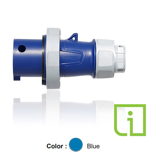 Leviton 430P9WLEVPI, LEV Series North American-Rated IEC 60309-1 & 60309-2 Pin & Sleeve Plug with Power Indication, Industrial Grade, 3-Phase, 30/32A 250V, 3-Pole, 4-Wire, IP66/IP67/IP68/IP69K, Watertight, Blue
