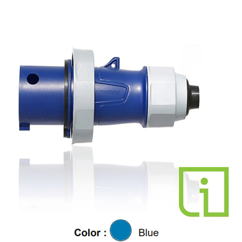 Leviton 430P9WLEVPIA, LEV Series North American-Rated IEC 60309-1 & 60309-2 Pin & Sleeve Plug with Power Indication and Alternate Screwless Clamp, Industrial Grade, 3-Phase, 30/32A 250V, 3-Pole, 4-Wire, IP66/IP67/IP68/IP69K, Watertight, Blue