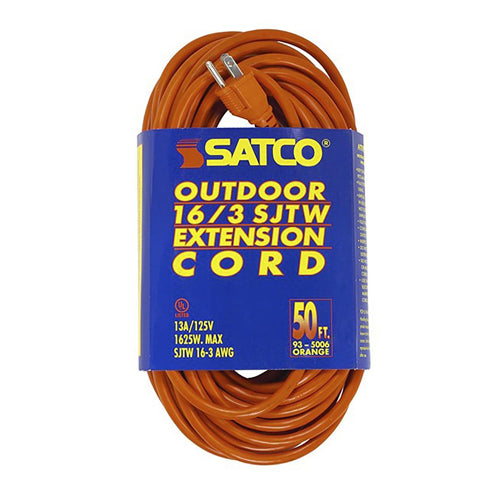 Satco 93-5006, 50 Foot Orange Heavy Duty Outdoor Extension Cord, 125V, 1625W, 13A, 16/3 Gauge SJTW-3 Orange Cord With Sleeve