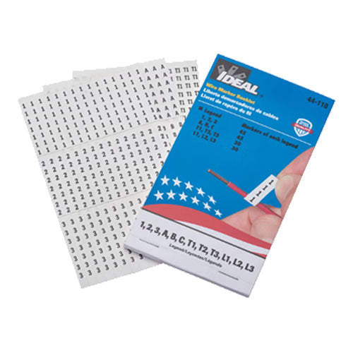 Ideal Industries 44-110, Wire Marker Booklet, Assorted "1,2,3,A,B,C,T1,T2,T3,L1,L2,L3"