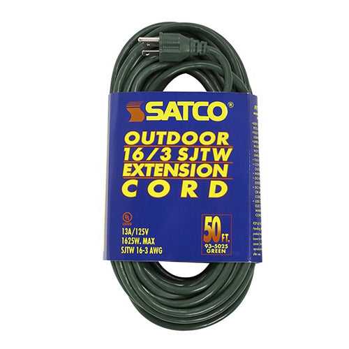 Satco 93-5025, 50 Foot Green Heavy Duty Outdoor Extension Cord, 125V, 1625W, 13A, 16/3 Gauge SJTW-3 Green Cord With Sleeve