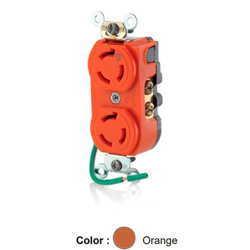 Leviton 4550-IG, Duplex Locking Receptacle, Industrial Grade, Isolated Ground, 15A 250V, NEMA L6-15R, 2-Pole, 3-Wire, Integral 6'' Ground Lead (No Ground Screw), Orange