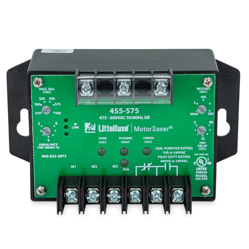 Littelfuse 455575, 455 Series, 3-Phase Voltage/Phase Monitor, Voltage Asymmetry, Voltage Sensing AC 475 ~ 600VAC, SPDT (1 Form C)