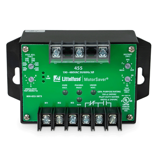 Littelfuse 455, 455 Series, 3-Phase Voltage/Phase Monitor, Voltage Asymmetry, Voltage Sensing AC 190 ~ 480VAC, SPDT (1 Form C)