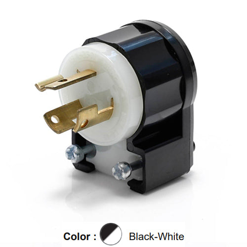 Leviton 4570-CA, Locking Plug, Angle, Industrial Grade, 15A 250V, NEMA L6-15P, 2-Pole, 3-Wire, Grounding, Black/White