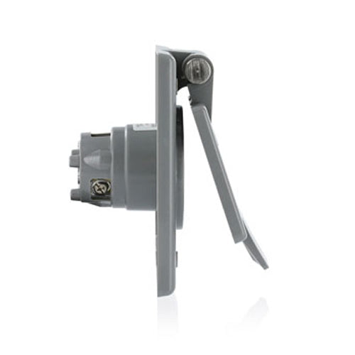 Leviton 4586-CWP, Power Inlet Locking Receptacle, Industrial Grade, 15A 250V, NEMA L6-15P, 2-Pole, 3-Wire, Self-Grounding, Standard Wire Wells Wired, Nylon Strap, Gray