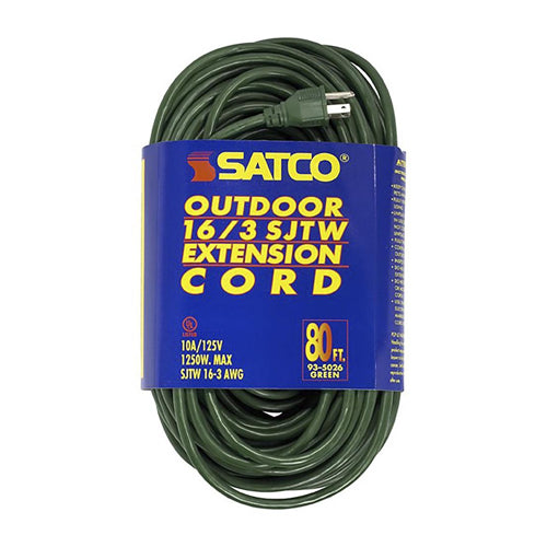 Satco 93-5026, 80 Foot Green Heavy Duty Outdoor Extension Cord, 125V, 1250W, 10A, 16/3 Gauge SJTW-3 Green Cord With Sleeve