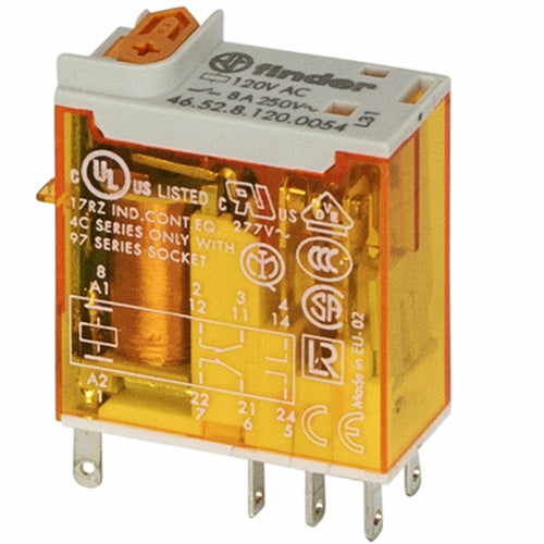 Finder 46.52.8.120.0054, Miniature Industrial Relay, DPDT, 8A, 120V AC Coil, AgNi Contact, Lockable Test Button, LED and Mech. Indicator