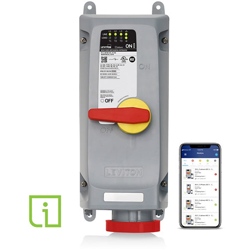 Leviton 460MI7WLEVC, LEV Series North American-Rated IEC Pin & Sleeve Mechanical Interlock with Remote Monitoring via Wi-Fi Communication, Inform Technology, Industrial Grade, 3-Phase, 60A 480V, 3-Pole, 4-Wire, Watertight, Non-Fused, Red