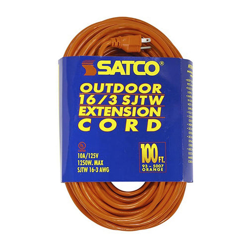 Satco 93-5007, 100 Foot Orange Heavy Duty Outdoor Extension Cord, 125V, 1250W, 10A, 16/3 Gauge SJTW-3 Orange Cord With Sleeve