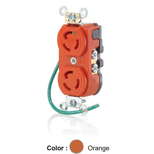 Leviton 4700-IG, Duplex Locking Receptacle, Industrial Grade, Isolated Ground, 15A 125V, NEMA L5-15R, 2-Pole, 3-Wire, Integral 6'' Ground Lead (No Ground Screw), Orange