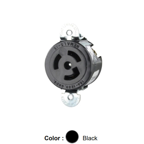 Leviton 4710-SS, Single Short Strap Locking Receptacle, Industrial Grade, 15A 125V, NEMA L5-15R, 2-Pole, 3-Wire, Grounding, Black