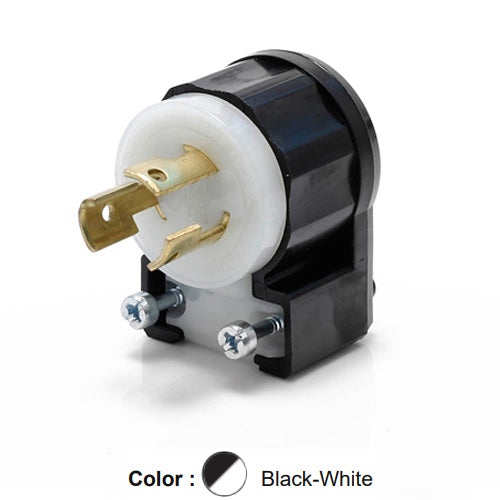 Leviton 4720-CA, Locking Plug, Industrial Grade, Angle, 15A 125V, NEMA L5-15P, 2-Pole, 3-Wire, Grounding, Black/White