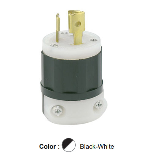 Leviton 4720-PLC, Locking Plug, Industrial Grade, Power Indication, 15A 125V, NEMA L5-15P, 2-Pole, 3-Wire, Grounding, Black/White
