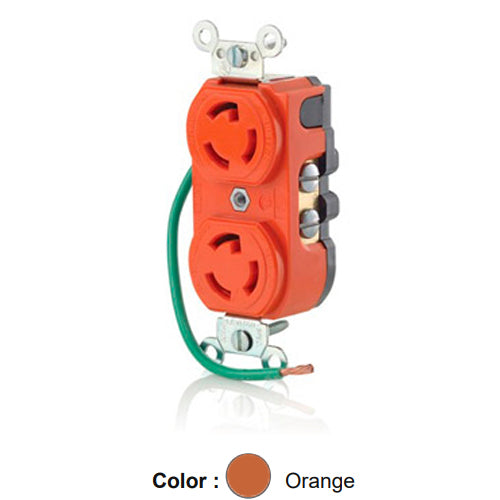 Leviton 4750-IG, Duplex Locking Receptacle, Industrial Grade, Isolated Ground, 15A 277V, NEMA L7-15R, 2-Pole, 3-Wire, Orange