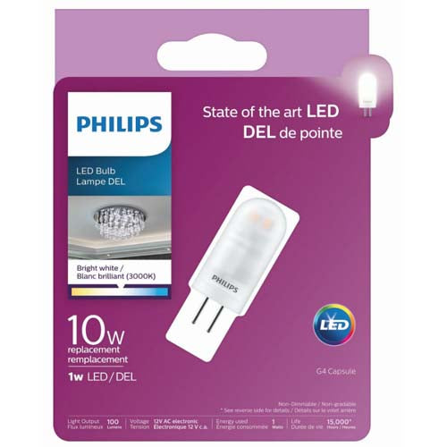 Philips Lighting 477257, LED G4 Capsule, 1W, 100 Lumens, 3000K Bright White, 80 CRI, 12V, G4 Base, Non Dimmable, 10W Halogen Bulb Equivalent