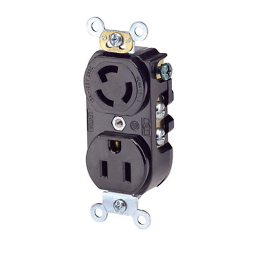 Leviton 4792, Combination Straight & Locking Blade Duplex Receptacle, Heavy-Duty Industrial Specification Grade, Smooth Face, 15A 125V, NEMA 5-15R/L5-15R, 2-Pole, 3-Wire, Back and Side Wire, Black