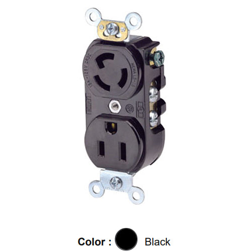 Leviton 4795-2R, Combination Straight & Locking Blade Duplex Receptacle, Heavy-Duty Industrial Specification Grade, Smooth Face, 15A 125V, NEMA 5-15R/L5-15R, 2-Pole, 3-Wire, Back and Side Wire, 2 Hot 2 Neutral Returns, Black