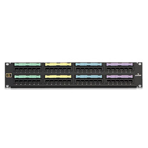 Leviton 49018-J48, Voice Grade Patch Panel, 48-Port, 2RU, 8P8C Jacks, 25-Pair Connectors, Black