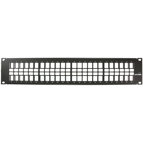 Leviton 49255-48N, Flat Quickport Patch Panel with Vertical Numbering, 48‑Port, 2RU, Cable Management Bar Included, Black