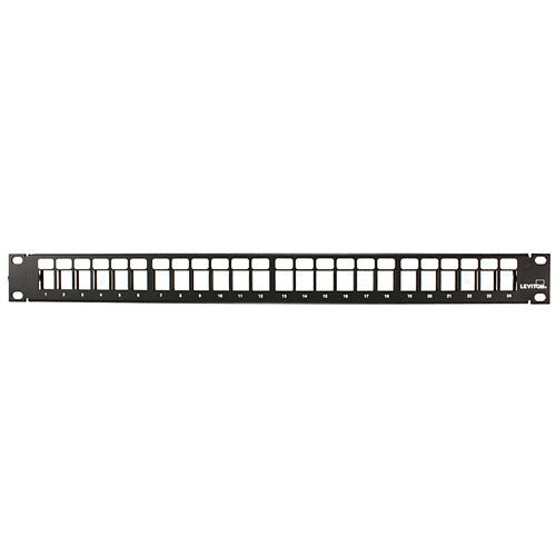 Leviton 49255-H24, Flat Quickport Patch Panel, 24-Port, 1RU, Cable Management Bar Included, Black