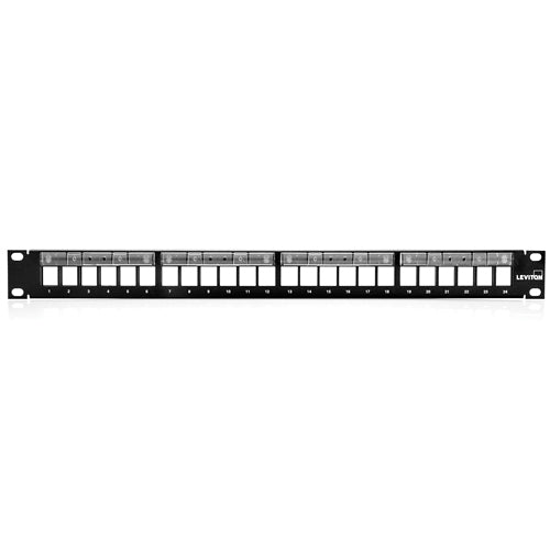 Leviton 49255-L24, Flat Quickport Patch Panel, 24-Port, 1RU, Magnifying Lens Label Holder, Cable Management Bar Included, Black