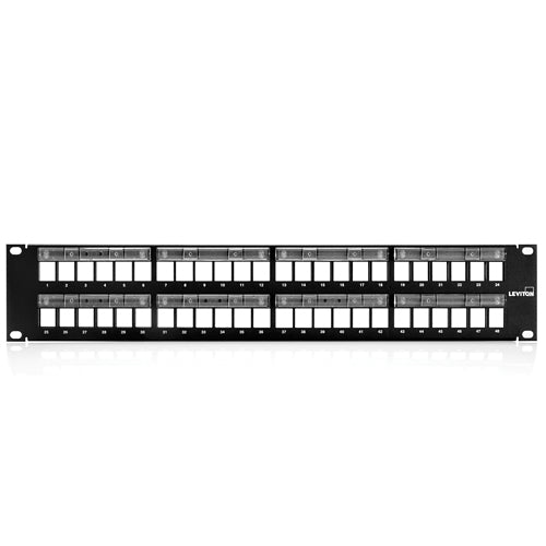 Leviton 49255-L48, Flat Quickport Patch Panel with Magnifying Lens Label Holder, 48-Port, 2RU, Cable Management Bar Included, Black