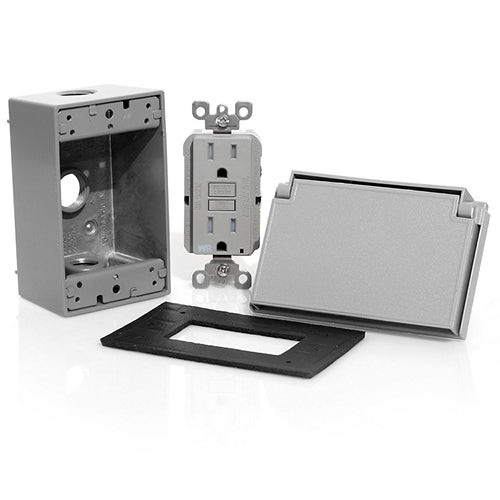 Leviton 4996-KIT, 1-Gang Weatherproof Cover Receptacle Kit, (1) GFWT1-GY, (1) 4996-GY, and (1) 1GM53-GY, Gray