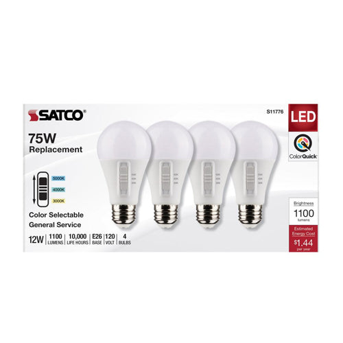 Satco S11776, A19 LED, 120V, 12W, 3000K/4000K/5000K, 1100 Lumens, Medium E26 Base, 90 CRI, 4 Packs